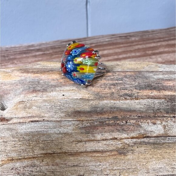 Colorful Millefiori Glass Ring With Silver-Tone Band Size 6 - Picture 2 of 10